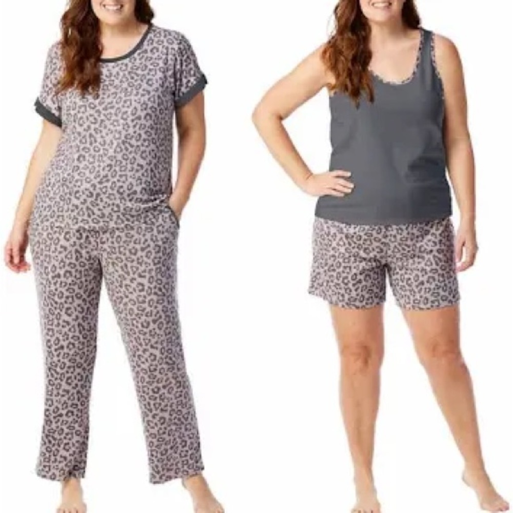 NWT Lucky Brand Ladies' 4-Piece Pajama Set Gray Leopard Print - Size 3X